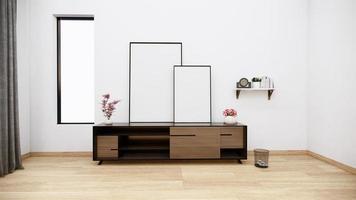 gabinete de tv e poltrona estilo japonês no design minimalista do quarto ryokan. Renderização 3d foto