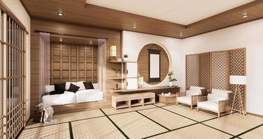 a sala de design de parede circular japonesa - estilo zen, designs mínimos. Renderização 3d