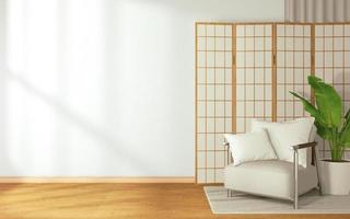 design de interiores de quarto zen tropical, simulação de quarto em estilo japonês. Renderização 3D foto