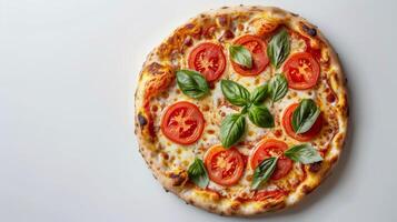 delicioso pizza com fresco tomates e manjericão foto