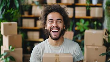 sorridente homem com barba cercado de caixas foto