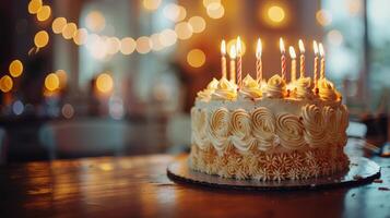 aniversário bolo com branco geada e aceso velas foto