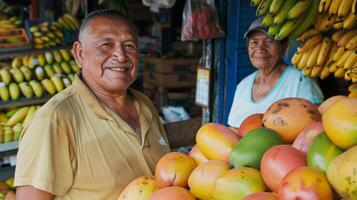 homem e mulher às fruta ficar de pé foto