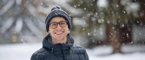 homem vestindo óculos e chapéu dentro neve foto