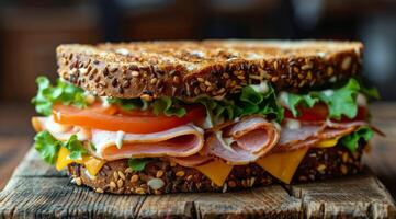 delicioso sanduíche com carne, alface, e tomates foto