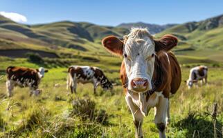 Castanho e branco vaca em pé em exuberante verde campo foto