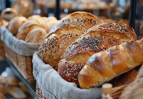 exibição do de várias cestas do pão dentro uma padaria foto