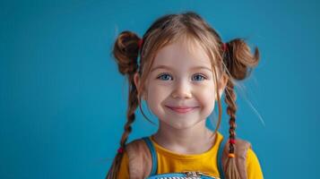 pequeno menina com tranças segurando uma mochila foto