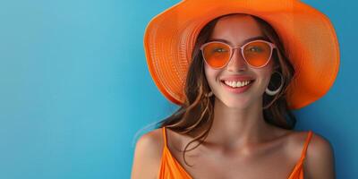 jovem mulher dentro laranja chapéu e oculos de sol foto