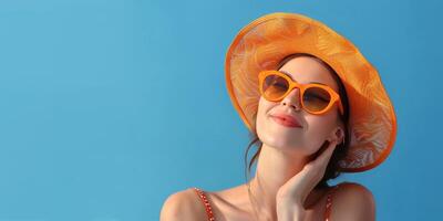 jovem mulher dentro laranja chapéu e oculos de sol foto