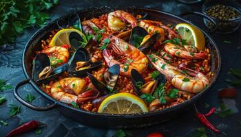 paella com camarão e mexilhões dentro uma frigideira foto