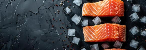 fatiado salmão e gelo cubos em Preto fundo foto