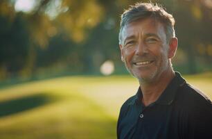 sorridente homem segurando golfe clube foto