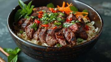 tailandês carne macarrão tigela ser preparado, exibindo a ingredientes ser cozinhou foto