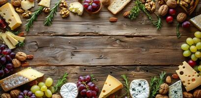 queijo, fruta, nozes, e uvas em de madeira fundo foto