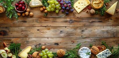 queijo, fruta, nozes, e uvas em de madeira fundo foto