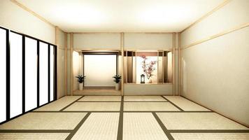 fundo interior do quarto nihon com parede de prateleira design em estilo japonês luz oculta. Renderização 3D foto