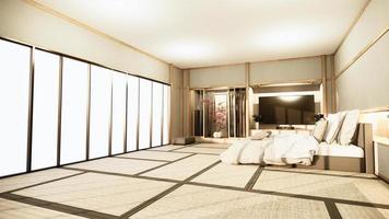 quarto zen pacífico moderno. quarto de estilo japão com parede de prateleira design luz oculta e decoração estilo nihon. foto