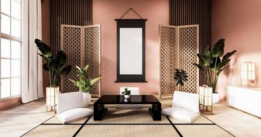 sala de estar tradicional em estilo japonês misturado com design moderno. Renderização 3D foto