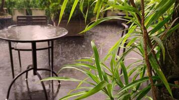 jardim mesa dentro a meio do a chuva. foto