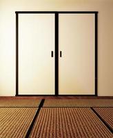 porta e tapete de tatame em estilo japonês de fundo vazio de parede. Renderização 3d foto