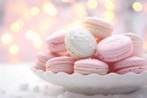 uma grande quantidade do macarons Rosa em fundo borrão e bokeh, gerado ai foto