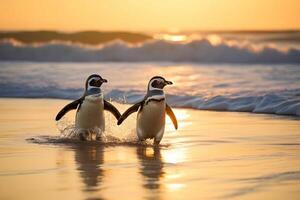 dois pinguins chegando em terra a partir de atlântico oceano, azul mar, gerado ai foto