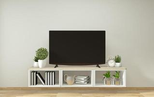maquete smart tv, sala de estar com design minimalista em estilo decoração zen. Renderização 3d foto