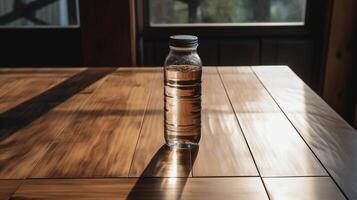 água garrafa em de madeira mesa. Alto qualidade foto