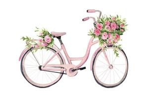 uma Rosa bicicleta com flores em isto e uma cenário do uma bicicleta com uma Rosa flor em a frente foto