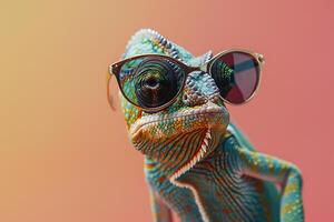 camaleão vestindo oculos de sol em uma sólido cor fundo foto
