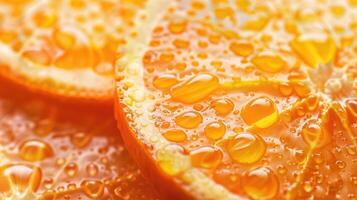 fechar-se do uma fresco laranja fatia com água gotas, capturando a frescor e entusiasmo do citrino fruta foto