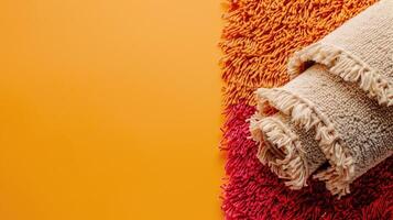 enrolado cobertores em uma de madeira chão, convidativo calor e casa conforto dentro vibrante cores foto