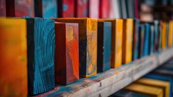 uma linha do pintado de madeira blocos, com uma foco em texturas e cores foto