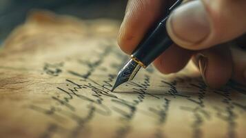 uma fechar-se do uma mão escrevendo com a tinta caneta, a arte do tradicional caligrafia capturado dentro detalhe. foto