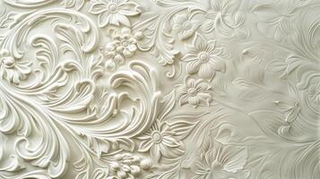 detalhado branco trabalho de gesso com a intrincado floral padrão, criando uma refinado e elegante textura foto
