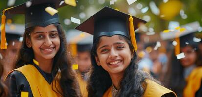 jovem menina dentro graduação boné e vestido foto