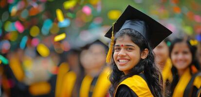 jovem menina dentro graduação boné e vestido foto