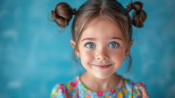 pequeno menina com azul olhos olhando às Câmera foto