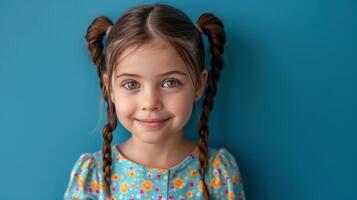 pequeno menina com azul olhos olhando às Câmera foto