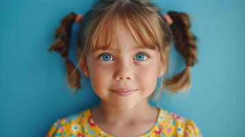 pequeno menina com azul olhos olhando às Câmera foto