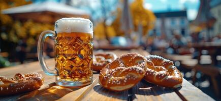 caneca do Cerveja e rosquinhas em mesa foto