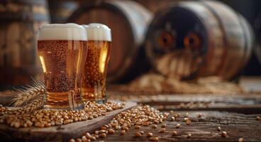 dois copos de cerveja em uma mesa de madeira foto