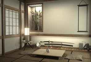 sala do japão com piso de tatame e decoração em estilo japonês foi projetada em estilo japonês. Renderização 3D