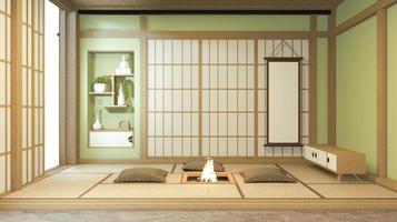 nihon green room design interior com porta de papel e parede de prateleira de gabinete em tatame piso de estilo japonês. Renderização 3d foto