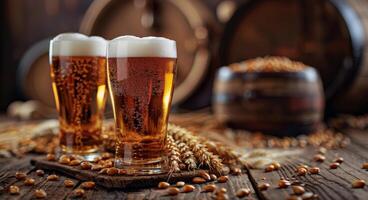 dois copos de cerveja em uma mesa de madeira foto