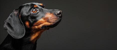 Preto e Castanho cachorro olhando acima para dentro a céu foto