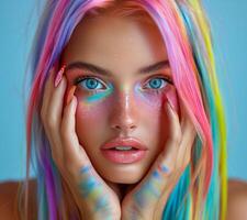 mulher com multi colori cabelo e Maquiagem foto