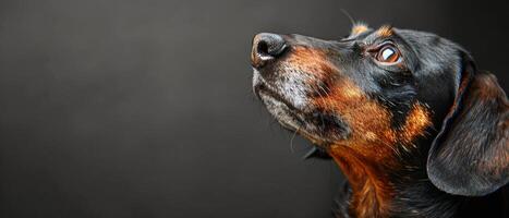 Preto e Castanho cachorro olhando acima para dentro a céu foto