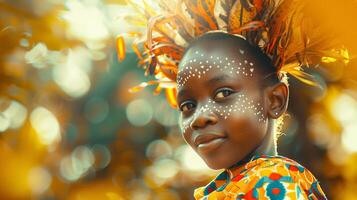 África dia foto conceito do a comemorar liberdade. fêmea retrato do africano menina com étnico chapéu